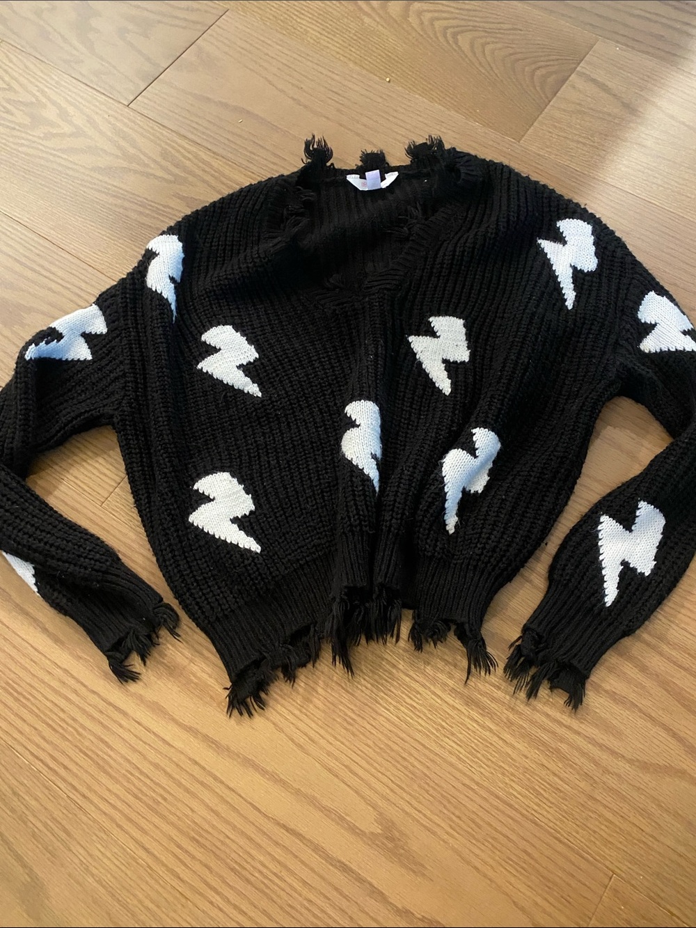 Black Distressed Knit Sweater with White Lightning Motif